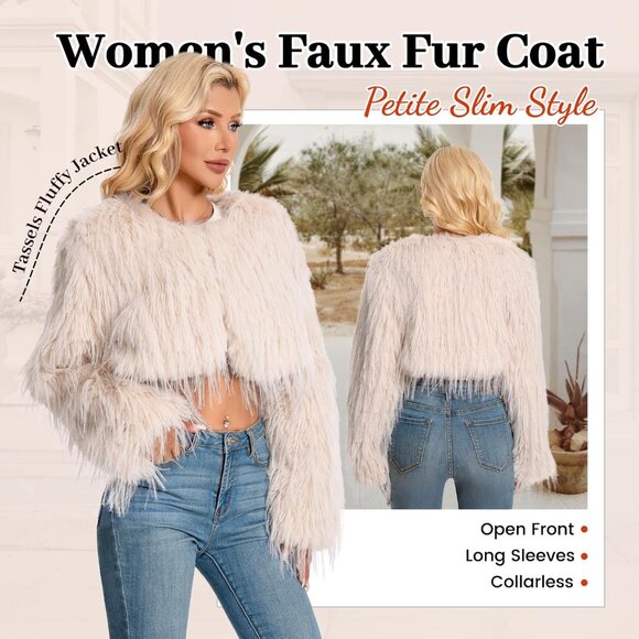 Women Plus Size Faux Fur Cropped Fuzzy Jacket Fluffy Fall Winter Coat Apricot - Picture 4 of 5